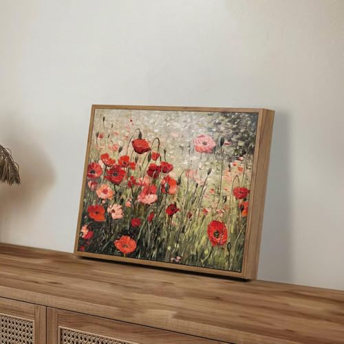 OIQArtOIQ Vintage Landscape Canvas Wall Art Framed Natural Scenery Painting Artwork Prints France Country Wilderness Farmhouse Decor Pictures Kitchen Bedroom Living Room Bathroom - color: Corn Poppy, size: 8x10 in