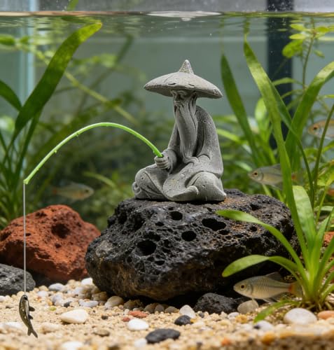 livelyfish Mini Fisherman Statue Asian Zen Decoration Sitting Fishing Figurines Sandstone Vintage Ornament for Aquarium Fish Tank Pot Garden Home Japanese Decor (D2) - color: D2