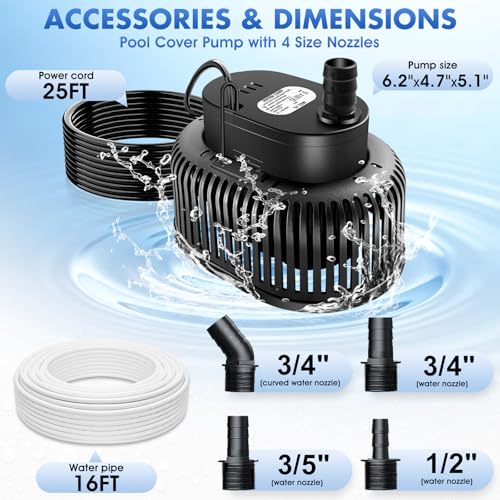 Pool Cover Pump Above Ground, Automatic Water Sensor, Sump Pump for Pool Draining, Pool Cover Water Removal 4 Adapters, 16ft Hose & 25ft Power Cord, 850 GPH (Black)