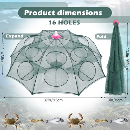 2 Pack Crawfish Traps 8-Sided 16-Entrance Fishing Net Foldable Fishing Bait Trap Cast Net Cage with Pull Rope, Bait Bag & Floating Ring for Catching Minnow Fish Crayfish Shrimp Crab Lobster