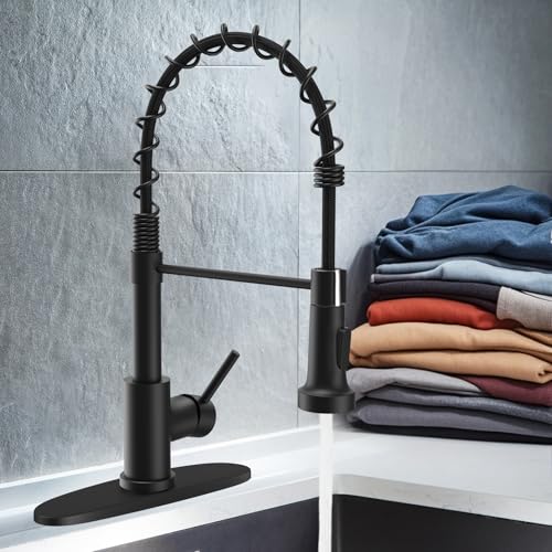 Kitchen Faucets with Pull Down Sprayer Commercial Industrial Stainless Steel Single Handle Single Hole Spring Farmhouse RV Sink Faucet, Matte Black Kitchen Faucet for Laundry Utility Room Sink - color: Matte Black, style: Classic