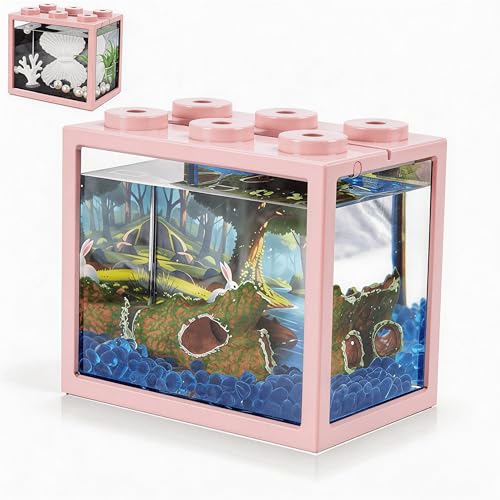 Small Betta Fish Tank, Mini Sea Monkey Tank Aquarium Kit with Gravel & Background Resin Decor, 0.6 Gallon Stackable Tabletop Fish Bowl Accessories for Shrimp Seaweed Ball (Pink) - color: Pink