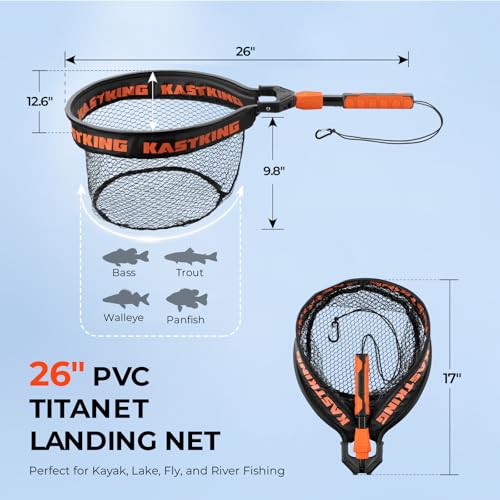 KastKing Titanet Fishing Net, Durable Aluminum Handle, Non-Slip Hi-Vis Grip, Compact Bag & Lanyard, Ideal for Kayak, Lake, Fly, or River Fishing, 2 Net Options - size: 26" Total Length (Fixed Handle), style: Pvc Net