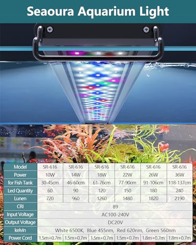 SEAOURA Led Aquarium Light for Plants-Full Spectrum Fish Tank Light with Timer Auto On/Off, 18-24 Inch, Adjustable Brightness, White Blue Red Green Pink LEDs with Extendable Brackets for Freshwater - size: for 18-24 inch tank