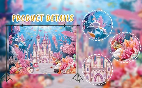 Under The Sea Backdrop Summer Underwater World Wonderland Castle Coral Shell Mermaid Ocean Theme Photography Background Girls Princess Baby Shower Birthday Party Decorations Photo Props (7x5FT) - size: 7x5FT
