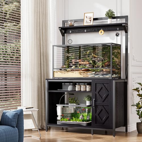 kepptory 40-50 Gallon Diamond Fish Tank Stand with Power Outlet, Heavy Duty Aquarium Cabinet with Display Shelf and 4 Hooks, Suitable for Turtle Tank, Reptile Terrarium for Home Office (Classic Black) - color: Black, size: 40.9"L x 20.5"W x 69.1"H