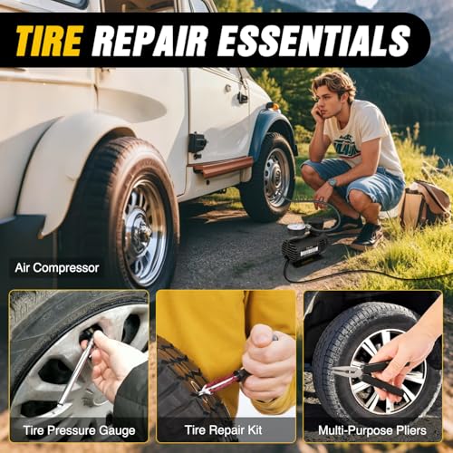 Nilight Car Emergency Kit with Jumper Cable, First Aid Kit Safety Assistance Tools for Travel Camping Outdoor Cars Truck SUV RV, Roadside Essentials with Flash Light - color: Essential Kit+Air Compressor+Tire Fuse kit
