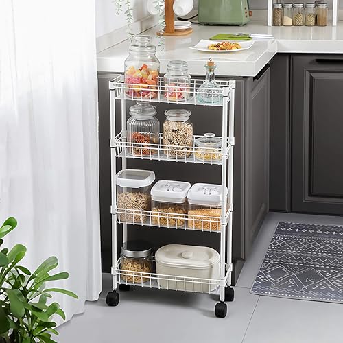 NSF white 4-layer storage rack, refrigerator crevice rack, washing machine crevice rack, laundry room dirty clothes storage, multifunctional household epoxy resin deep mesh basket - size: 4-White H basket