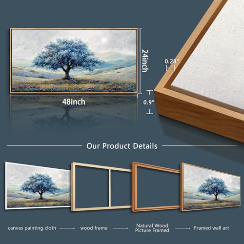 ZUITINGHUA Large Wood Framed Wall Decor For Living Room Canvas Wall Art For Office Modern Wall Decorations For Bedroom Blue Tree Landscape Painting Farmhouse Pictures Artwork Home Decor 24x48 In - color: Blue Tree Wood Framed, size: 48"L x 24"W