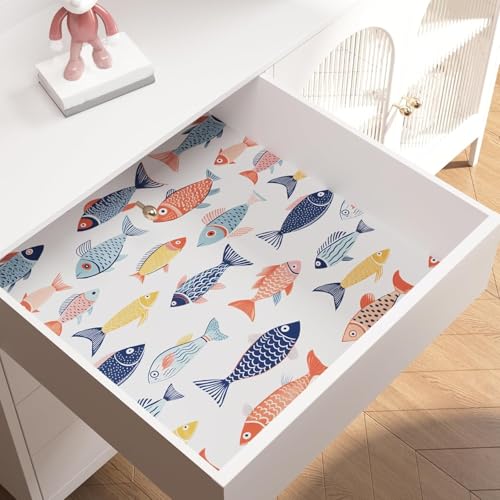 Fish Wallpaper Peel and Stick, Colorful Fishes Contact Paper 17.5" x 393", Blue and Pink Sea Wall Paper Self Adhesive Removable Waterproof for Children's Room Bathroom Shelves Cabinet Table Decor - color: White/Blue/Pink, size: 17.5" x 393.7"