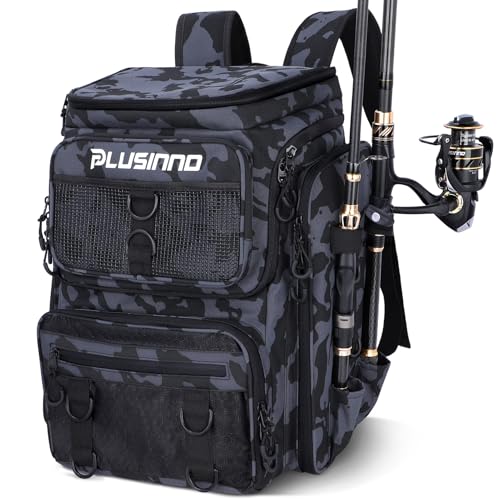 PLUSINNO Fishing Tackle Backpack with Rod Holders，42L Water-resistant Fishing Bag Store Fishing Gear, Fisher Gifts For Men. - color: Black Camouflage.