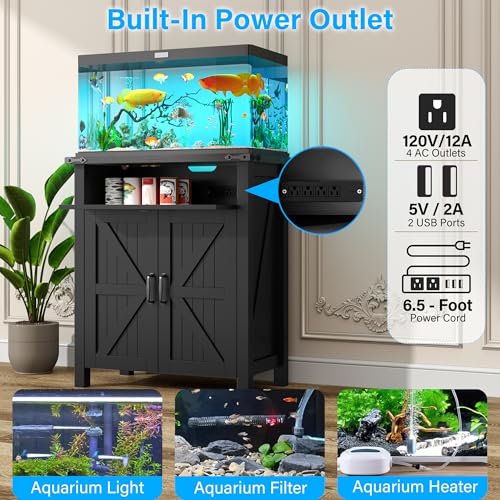 kepptory 20 Gallon Fish Tank Stand with Power Outlets, Farmhouse Decorative Aquarium Stand Furniture with Adjustable Shelves, 10-20 Gallon Reptile Turtle Tank Stand with Cabinet Storage (Black, 20GL) - color: Black, size: 27.6"L x 15.7"W x 31.5"H