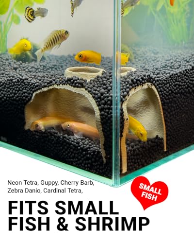 Aquarium Cave – Rock Texture Fish Shelter with 180° Viewing Angle, Betta Fish Tank Accessories, Shrimp & Snails – Aquarium Decor & Tunnel (Sand, Small)