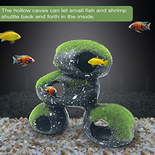 Stone Aquarium Hideaway Decoration Resin Cichlids Rock Decor with Artificial Moss Betta Cave Hideout Shelter Tunnel Fish Tank Ornament for Shrimp,Short Bream and Crayfish(L)