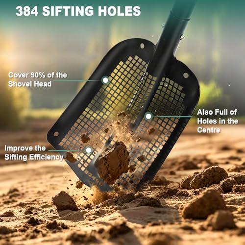 VYNTRA 47.7" Metal Sifting Shovel, Adjustable Sand Sifter for Chicken Coop, Farm Goat Stall & Garden, Beach-Heavy Duty Durable Mesh Screen for Poop Cleaning Durable Sifter Shovel Ergonomic Grip Black
