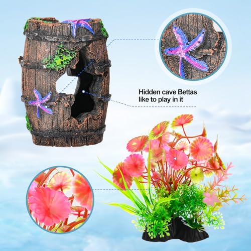 CousDUoBe Fish Broken Barrel Decor Fish Tank Decorations Betta Fish Tank Accessories,Starfish Barrel x 1pc, Aquarium Plants x 11pcs - size: 12 Pcs