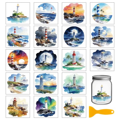 GLOBLELAND 18 Sheets Ocean Lighthouse Transfer Stickers 3.9x3.6 Inch Summer Sea Colorful Transfer Decal Sunset Rub on Transfer for Cup Decal Vase Glass Art Crafts Decorations - style: Ocean Lighthouse