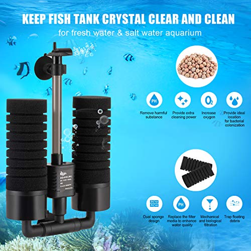 AQQA Aquarium Sponge Water Filter, Power Driven Double Biochemical Filter, Quiet Submersible Foam Filter with 2 Extra Sponges, 1 Bag of Filtered Ceramic Balls for Fresh and Salt Water Fish Tank (L) - size: Large