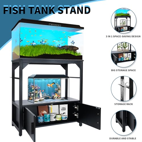 YEMOO Aquarium Stand 20-29 Gallon, 29 Gallon Fish Tank Stand with Aquarium Tools Organizer, 3 Tier Breeder Tank Stand with Storage Cabinet, Heavy Duty Metal Frame for 20 - 29 Gallon Long Aquarium (20-29 Gallon Fish Tank Stand)