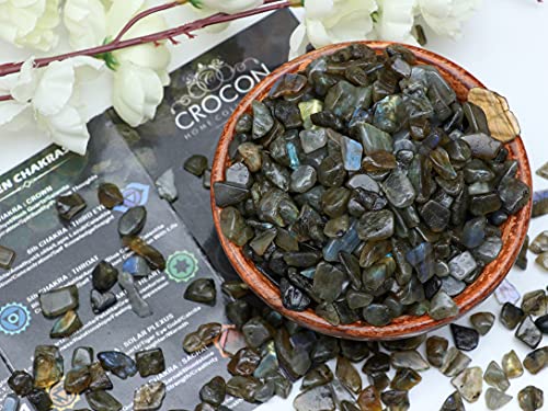 Crocon 1 LB Crushed Labradorite Chips Bulk Stones 2000+ Carats Natural Quartz Pieces Irregular Shape Gemstones for House Warming Gifts New Home and Chakra Healing Crystals Home Décor Gifts for Women - color: Labradorite Chips, size: 1 Pound