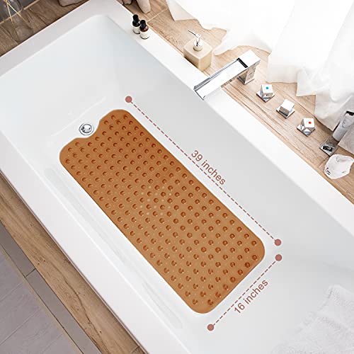 TEESHLY Bathtub Mats for Shower Tub, Extra Long Non-Slip 39 x 16 Inch Bath Mat with Drain Holes and Suction Cups, BathMat for Bathroom with Machine Washable (Clear Brown) - color: Clear Brown