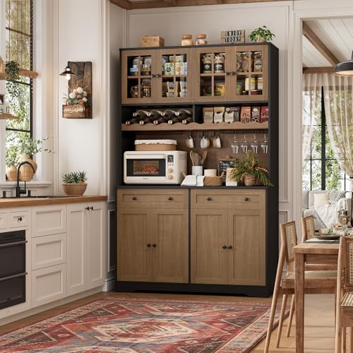 HOSTACK 75.4" Tall Kitchen Pantry Cabinet with Charging Station, Modern White Kitchen Hutch with Microwave Stand and Wine Rack, Large Food Pantry Storage Cabinet with Glass Doors and Drawers, Brown - color: Black/Brown