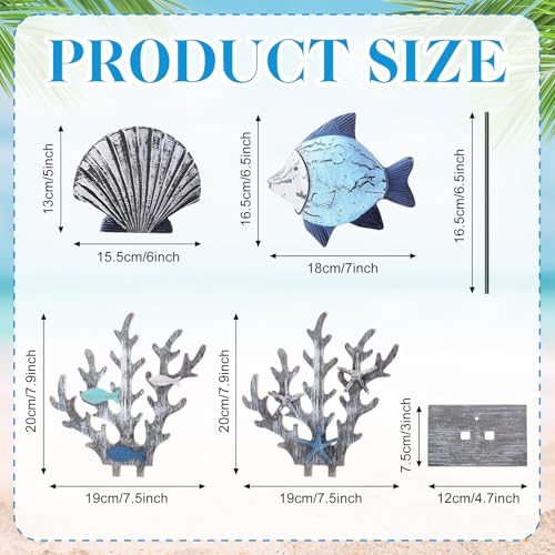 Novabright 2 Pcs Wooden Fish Decor Summer Ocean Centerpieces for Tables Standing Coral Statue with 3D Starfish Seashell for Nautical Shelf Coastal Beach Home Decoration Marine Themed Gift