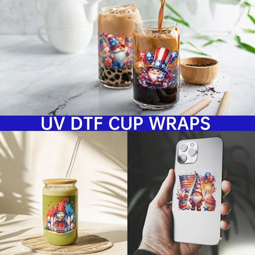 4 PCS 4th of July Gnome UV DTF Cup Wrap for 16oz, Rub on Transfer Stickers Glass Mugs, High Viscosity Permanent UV DTF Sticker, Coffee Cups, Water Bottles and Personalized Crafts - style: 4th of July Gnome