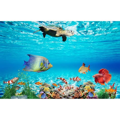 Underwater World Aquarium Background Sea Turtle Tropical Fish Terrarium Background Under The Sea Colorful Coral Aquatic Plants Fish Tank Backdrop Deep Blue Sea with Sunbeams Backgrounds 24x12in - color: Marine Light Blue, size: 24(W)x12(H)in