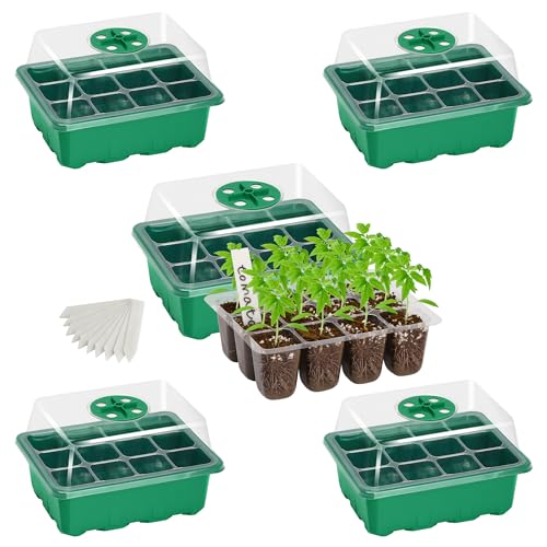 Bonviee 5-Pack Seed Starter Trays, Seed Starter Kit with Adjustable Humidity Dome and Base Indoor Greenhouse Mini Propagator for Seeds Growing Starting (12 Cells Per Tray, Green) - color: Green, size: 5 Packs, NO light