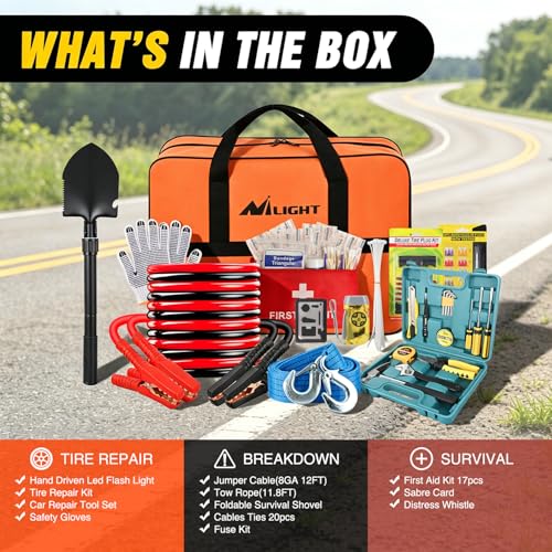 Nilight Car Emergency Kit with Jumper Cable, First Aid Kit Safety Assistance Tools for Travel Camping Outdoor Cars Truck SUV RV, Roadside Essentials with Flash Light - color: Essential Kit+ Tool Set+Tire Repair Fuse kit
