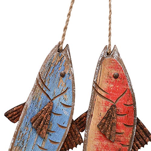 Antique Wood Fish Decor Decorative Wooden Hanging Fish Nautical Indoor Outdoor Decorations Wall Art Ornament (Set of 2)