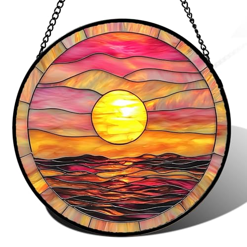 DASTOLL Stained Glass Window Hanging, Sunrise Sea Surface Sun Catchers Diamond Glass Panel Hangings Abstract Suncatcher Decor for Birthday for Women, Men, Wife, Aunt, and Mom 14.9 in - color: Gold, size: 14.9x14.9 IN