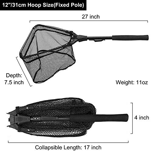 PLUSINNO Fishing Net Fish Floating Landing Net, Kayak Nets with Fixed Foldable Telescopic Pole Handle, Bass Trout Fishing Nets with Nylon Mesh for Pond Lake River, Fishing Gear Gifts for Men Anglers - color: 11.8"/30cm Hoop Size 0.8M Black(Not Extendable)
