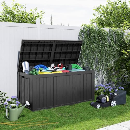 PatioZen 180 Gallon Resin Deck Box, Lockable Patio Outdoor Storage Box for Furniture, Garden Tools and Tools Storage, Waterproof Outside Storage Boxes - Black - color: Black, size: 180 Gallon