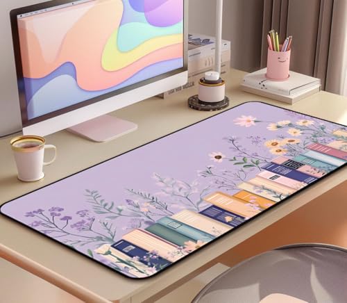 Purple Book Desk Pad Mat XXL, Lavender Flower Large Mousepad, Game Desk Mat, Extended Laptop Keyboard Mats, Cute Desktop Protection Pad, Women's Home Office Desk Decoration 31.5"X15.7" - color: Purple Lavender