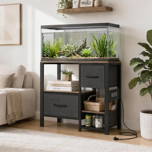 20-37 Gallon Aquarium Stand with Power Outlets & 2 Storage Drawers, Heavy Duty Metal Fish Tank Stand for Fish Tank Accessories, 3 Tier Tank Stand Fish Tank Shelf, 400lbs Capacity, Black
