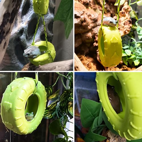 Tree Frog Habitat Toy Plastic Leaf Decorations Tire Swing Habitat Miniature with Suction Cups, Frog Habitat Platform, Frog Tank & Terrarium Decor Accessories, for Reptile Amphibian Crustacean Toy