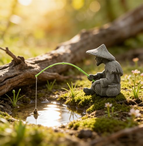 livelyfish Mini Fisherman Statue Asian Zen Decoration Sitting Fishing Figurines Sandstone Vintage Ornament for Aquarium Fish Tank Pot Garden Home Japanese Decor (C2) - color: C2