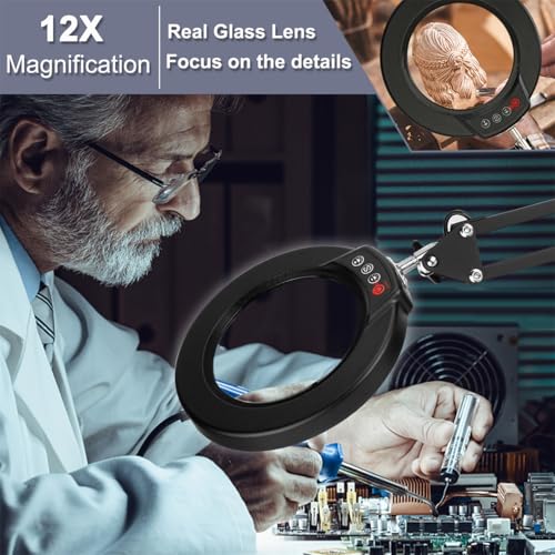 12X Magnifying Glass with Light, Krstlv Upgrade Button 5 Color Modes Stepless Dimmable 2-in-1 LED Lighted Desk Lamp & Clamp, Hands Free Magnifier with Light and Stand for Craft Hobby Repair Close Work - color: Black, size: 12X 17.8inch Base & Clamp