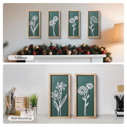 HKBS 3D Wooden Floral Wall Art, Set of 4 Framed Flowers Wall Art Sculptures, Boho Farmhouse Minimalist Decor for Bathroom Bedroom Living Room Kitchen or Office Wall Decorations Housewarming Gifts (Green)