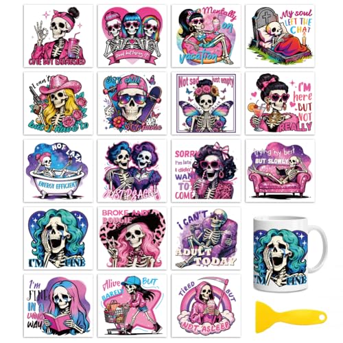 Peacoblue 18 Sheets Rub on Transfers for Crafts, Skeleton with Humorous Text 3.6"x3.9" UV DTF Cup Wraps Waterproof Cold Transfers Stickers for Wood Glass Metal Cup Tumblers Mirrors Mugs Home Decor - style: Skeleton with Humorous Text