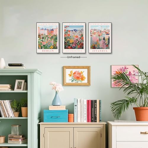 XLARTMY Flower Market Wall Art Prints Canvas Orange and Pink Floral Paintings Colorful Botanical Travel Flower Posters for Home Decor Pictures Set of 3 for Living Room Bedroom 12x16in Unframed - color: Flower Market ORange-2, size: 12x16in Poster