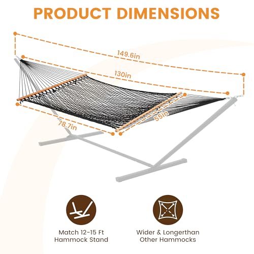 Lazy Daze Hammocks Double Rope Hammock, 2 Person Traditional Outdoor Hand Woven Cotton Rope Hammock with Spreader Bar, Carabiners, Tree Straps, Chains for Patio Yard - Max 450 Lbs, Dark Grey - color: Dark Grey