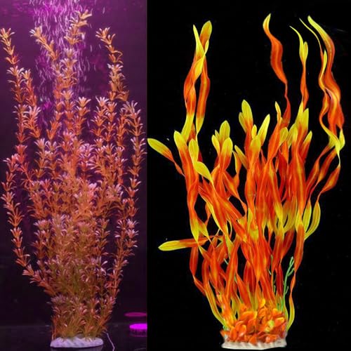 2 Pack Aquarium Decor Artificial Seaweed Water Plants, Extra Large 23.6 Inches Fish Tank Plastic Plants, Tall Fish Tank Decorations with a Aquarium Diver Ornament (Orange) - color: Orange