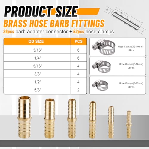 26PCS Brass Hose Barb Fitting,Barb Splicer Mender Hose Fittings 3/16" 1/4" 5/16" 3/8" 1/2" 5/8" with 52Pcs Stainless Steel Pipe Hose Clamps for Air/Fuel/Water/Oil Hose - size: 26pcs barb splicer