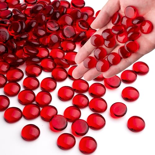 1LB Red Glass Marbles, Transparent and Smooth Flat Glass Beads for Vases, Mosaic Gem Pebbles for Aquarium Decor, Floral Arrangements, Mancala Stones, Vase Filler and Crafts (Approx. 80-100 PCS) - color: Red