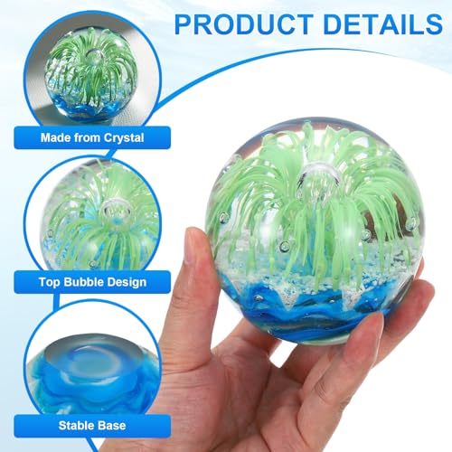 PATIKIL Glass Paperweight, 3.5'' Blown Glass Decor Crystal Ball Rainbow Light Effect Desktop Decor Fish Tank Ornament Unique Handmade Art Ocean Sculpture for Home Office, Green - color: Green