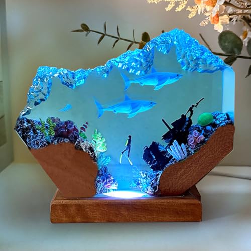 Scuba Diver Ocean Resin Lamp, Handmade Wooden Table Resin Night Light, USB Port Art Ornaments for Home Office Decor, Scuba Diver Gifts for Birthday Holiday, Valentine's Day Gifts for Husband - color: Scuba Diver-2, size: M