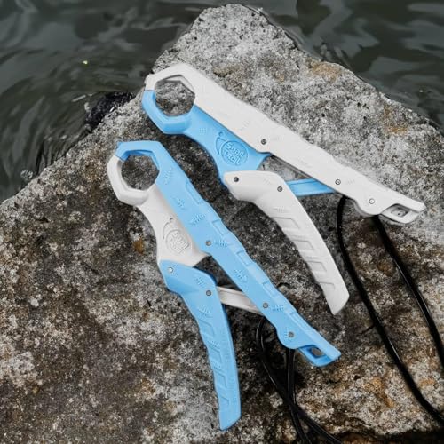 SNAIL TRAIL 7.5''/9'' Floating Fish Gripper, Fishing Grabber, Catfish Mouth Pliers, Caught Bass Holder, Digital Scale Hook Clamp, Saltwater Lip Grip Tool with Lanyard, Gifts for Men - color: White-blue
